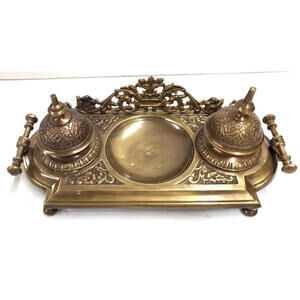 Antique Ornate Double Inkwell, Antique Brass Ink Well Desk Organizer 11"x5"